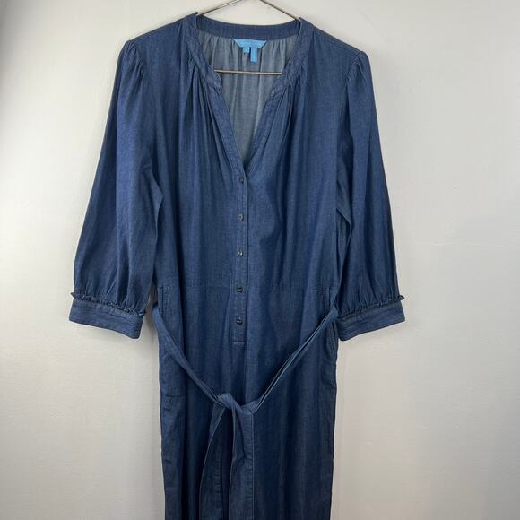 DRAPER JAMES Tie Waist Jumpsuit in Chambray Dark Wash Blue Wide Leg 3/4 Sleeve L - Picture 3 of 9